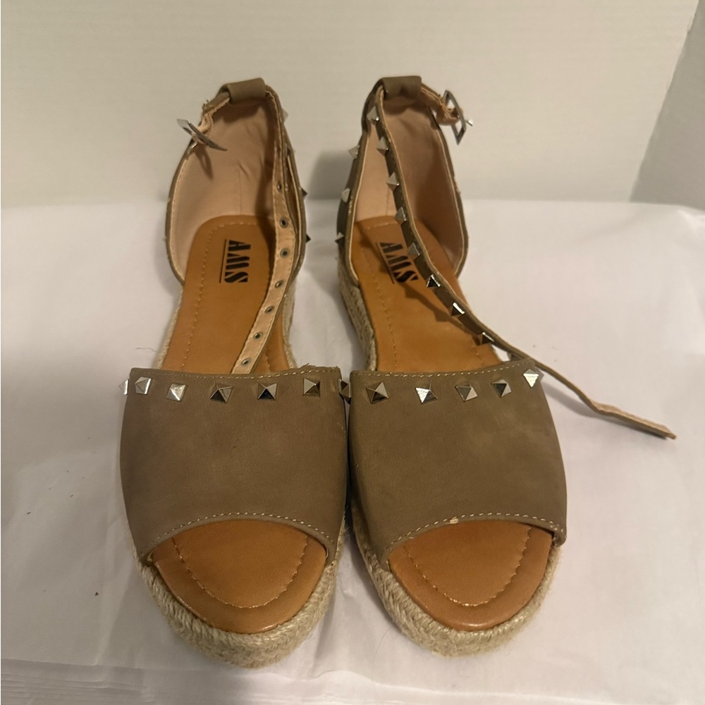 Women’s AMS Casual Tan Espadrille Trim Studded Wedge Ankle Straps Sandals